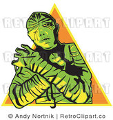 Royalty Free Vector Retro Illustration of a Green Mummy with Arms Crossed and Pyramid Background by Andy Nortnik