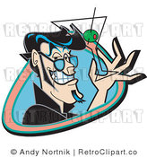 Royalty Free Vector Retro Illustration of a Grinning Man Holding an Empty Martini Glass with a Green Olive and Toothpick by Andy Nortnik