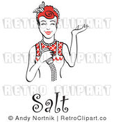 Royalty Free Vector Retro Illustration of a Happy Red Haired Female Chef Using Salt Shaker While Cooking by Andy Nortnik