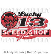 Royalty Free Vector Retro Illustration of a Lucky 13 Speed Shop Sign with Red Devil Man with Horns by Andy Nortnik