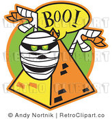 Royalty Free Vector Retro Illustration of a Mummy with Glowing Green Eyes Jumping out of a Pyramid While Screaming Boo! by Andy Nortnik