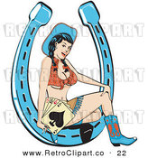 Royalty Free Vector Retro Illustration of a Sexy Brunette Pin-up Cowgirl Wearing Halter Top and Mini Skirt While Sitting on a Lucky Horseshoe and Holding Playing Cards by Andy Nortnik