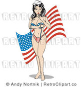Royalty Free Vector Retro Illustration of a Sexy Brunette Pin-Up Girl Wearing Stars and Stripes Bikini While Looking Surprised As Her Top Falls Off. by Andy Nortnik