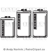 Royalty Free Vector Retro Illustration of Three Black and White Food Storage Containers: Coffee, Sugar and Flour by Andy Nortnik