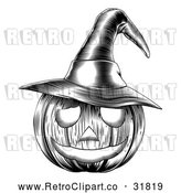 Vector Clip Art of a Carved Retro Halloween Jackolantern Pumpkin Featuring a Witch Hat by AtStockIllustration