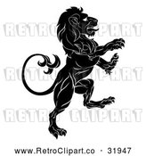 Vector Clip Art of a Determined Retro Black Lion Forwardly Rearing up Aggressively in Confidence by AtStockIllustration