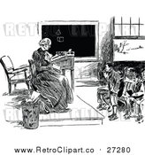 Vector Clip Art of a Female Retro Teacher with Students in Classroom by Prawny Vintage