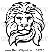 Vector Clip Art of a Fierce Retro Male Lion Head in Black Lineart by AtStockIllustration