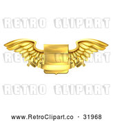 Vector Clip Art of a Gold Retro Heraldic Winged Shield with Blank Banner Body Notice by AtStockIllustration