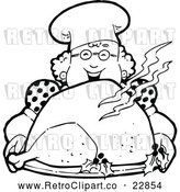 Vector Clip Art of a Happy Retro Chef Woman Holding a Roasted Turkey by Prawny Vintage