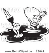 Vector Clip Art of a Happy Retro Man Fishing from a Boat While a Woman Dives into the Water by BestVector