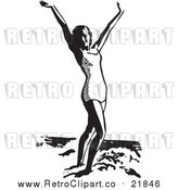 Vector Clip Art of a Happy Retro Woman Beside Ocean with Her Arms up by BestVector