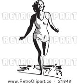 Vector Clip Art of a Happy Retro Woman Running at a Beach near Ocean Waves by BestVector