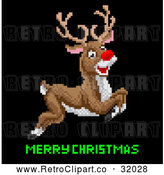Vector Clip Art of a Pixelated Rudolph Red Nosed Reindeer Leaping over Merry Christmas Text by AtStockIllustration