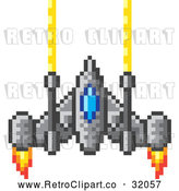 Vector Clip Art of a Pixelized Retro 8-Bit Spaceship Shooting Gold Lazers with Fire Powered Jets by AtStockIllustration