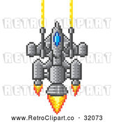 Vector Clip Art of a Pixelized Retro 8-Bit Spaceship Shooting Lazers with Flame Powered Jets by AtStockIllustration