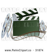 Vector Clip Art of a Retro 3d Clapper Board with Film Strips and Reels by AtStockIllustration