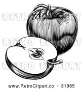 Vector Clip Art of a Retro Black and White Apple, Whole and Halved Fruit by AtStockIllustration