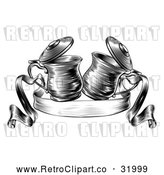 Vector Clip Art of a Retro Black and White Beer Steins Together in a Toast over a Ribbon Banner by AtStockIllustration