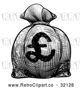 Vector Clip Art of a Retro Black and White Euro Burlap Money Bag Sack by AtStockIllustration