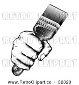 Vector Clip Art of a Retro Black and White Fist Hand Strongly Gripping a Paintbrush by AtStockIllustration