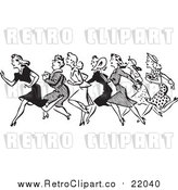 Vector Clip Art of a Retro Black and White Line of Running Shopping Women by BestVector