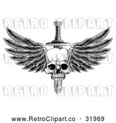 Vector Clip Art of a Retro Black Dagger Through a Winged Skull by AtStockIllustration