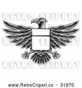 Vector Clip Art of a Retro Black Heraldic Coat of Arms American Bald Eagle with a Blank Shield Body by AtStockIllustration
