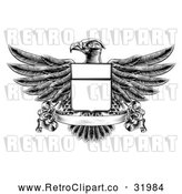 Vector Clip Art of a Retro Black Heraldic Coat of Arms American Bald Eagle with a Shield and Blank Banner by AtStockIllustration