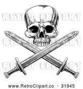 Vector Clip Art of a Retro Black Pirate Skull over Cross Swords by AtStockIllustration