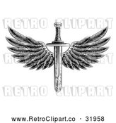 Vector Clip Art of a Retro Black Winged Sword by AtStockIllustration