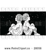 Vector Clip Art of a Retro Boy and Girl Sitting Back to Back Under Stars at Night by Prawny Vintage