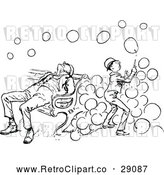 Vector Clip Art of a Retro Boy Playing with Soap Bubbles Beside a Sleeping Man on a Bench by Prawny Vintage