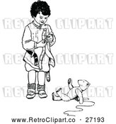 Vector Clip Art of a Retro Boy Standing Beside a Teddy Bear on the Ground - Black and White by Prawny Vintage