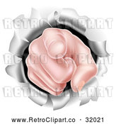 Vector Clip Art of a Retro Cartoon White Hand Pointing Outwards, Breaking Through a Wall by AtStockIllustration