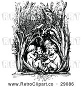 Vector Clip Art of a Retro Children Playing in Tall Plants - Black and White by Prawny Vintage