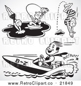 Vector Clip Art of a Retro Collage Featuring People Swimming, Fishing and Boating by BestVector