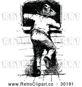 Vector Clip Art of a Retro Cowboy Boy Climbing Through a Small Window by Prawny Vintage