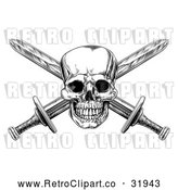 Vector Clip Art of a Retro Engraved Pirate Skull with Crisscrossed Swords in Black and White by AtStockIllustration
