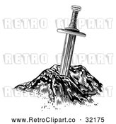 Vector Clip Art of a Retro Excalibur Sword Fused in Stone - Black Lineart Version by AtStockIllustration