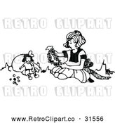 Vector Clip Art of a Retro Girl Making a Floral Necklace for Her Doll by Prawny Vintage