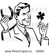 Vector Clip Art of a Retro Good Luck Man with a Horseshoe and Four Leaf Clover by BestVector