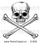 Vector Clip Art of a Retro Jolly Roger Skull with Crossbones Below in Black and White by AtStockIllustration