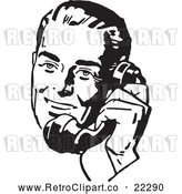 Vector Clip Art of a Retro Man Talking on Old Phone - Black and White by BestVector