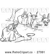 Vector Clip Art of a Retro Man with Cattle Watching a Woman Feed a Mouse by Prawny Vintage