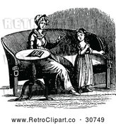 Vector Clip Art of a Retro Mother and Daughter in Living Room with Sofa and End Table by Prawny Vintage