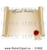 Vector Clip Art of a Retro Paper Scroll Official Decree with a Red Wax Seal and Copyspace by AtStockIllustration