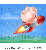 Vector Clip Art of a Retro Pig Bank Riding a Rocket over a Valley by AtStockIllustration