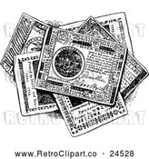 Vector Clip Art of a Retro Pile of Continental Money Bills in Black and White by Prawny Vintage