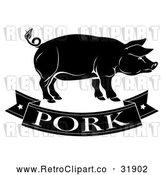 Vector Clip Art of a Retro 'Pork' Banner with Pig in Black by AtStockIllustration